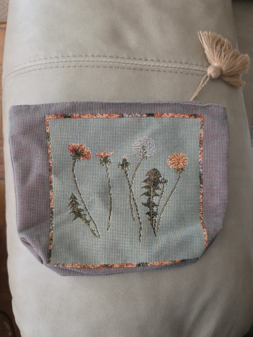 Rare Made In France Vintage Embroidered Wildflower Cosmetic Pouch Sage Color